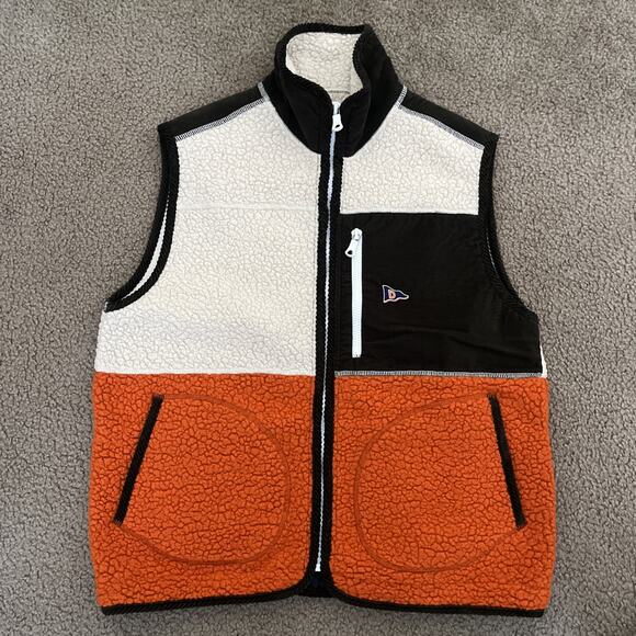 Drake’s Wool Blend Fleece Zip Vest Made in Portugal. Orange/Green/White. Size Sm
